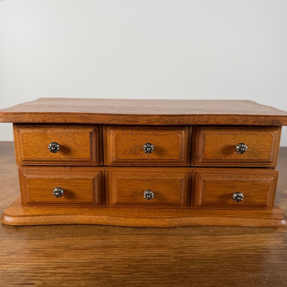 Vintage Wooden Faux Drawer Jewelry Box, Divided Top Tabletop Vanity Chest